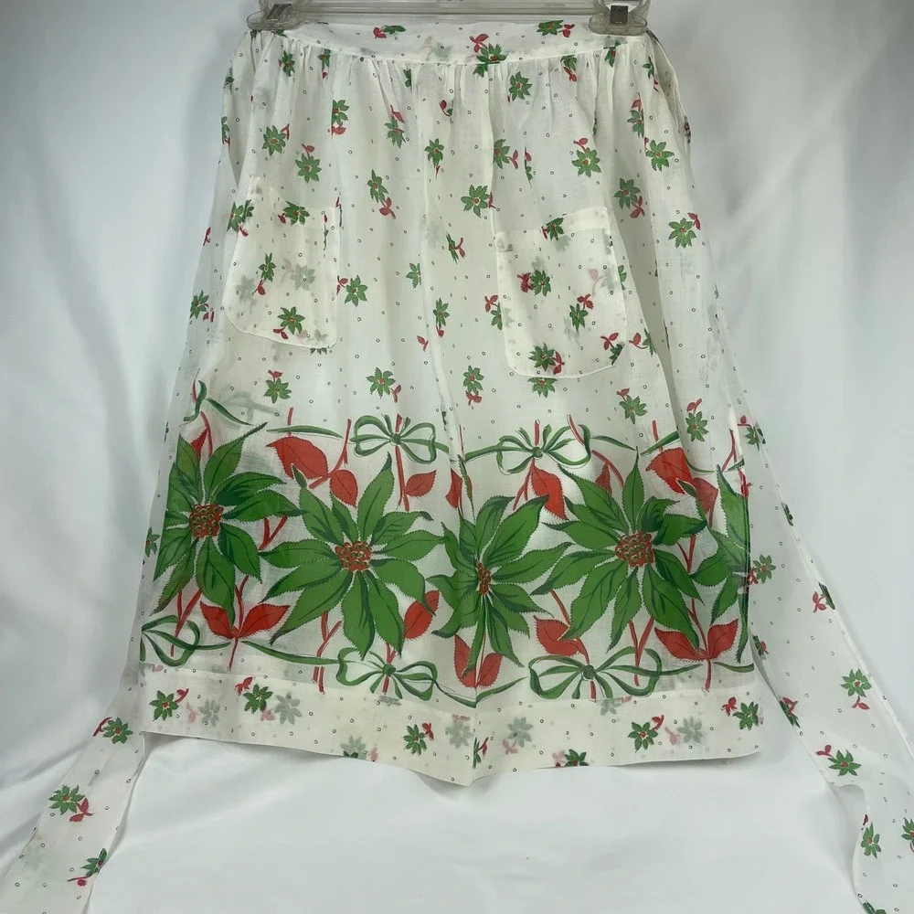 Vintage Christmas Half Apron Poinsettia Green Bow Print Two Pockets White Red